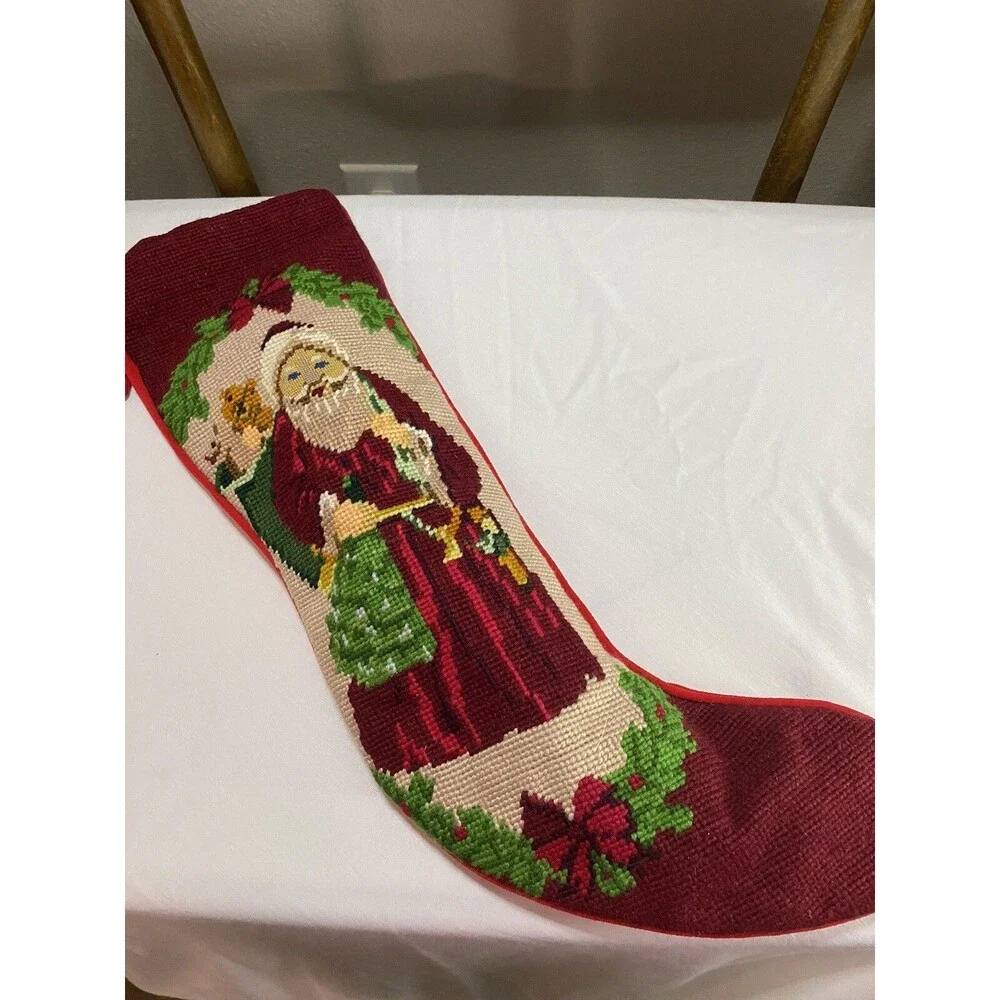 Vintage Wool Needlepoint Christmas Stocking Santa With Toys